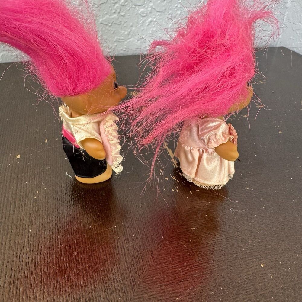 Vintage Russ Troll Dolls Bride & Groom Wedding Pink Hair Lot Of 2 Small 3” - Picture 7 of 7